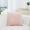 A soft pink velvet decorative cushion cover resting on a white sofa.