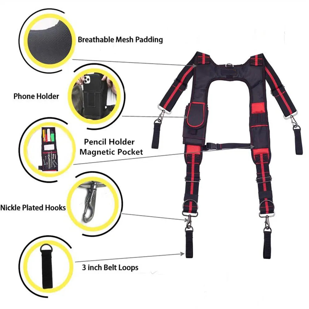 Adjustable tool belt and suspenders featuring breathable mesh padding, phone holder, pencil holder, magnetic pocket, nickel-p