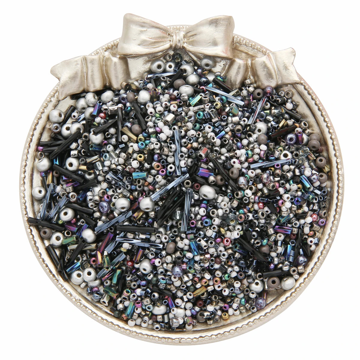 A small, ornate silver container filled with a variety of mixed glass seed beads in various colors and sizes.