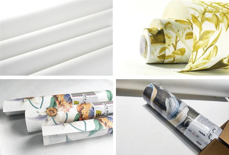 Rolls of blue vintage damask floral peel and stick wallpaper shown in various applications.