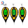 A yellow digital soil tester device showing pH, moisture, and light readings in Fahrenheit and Celsius.
