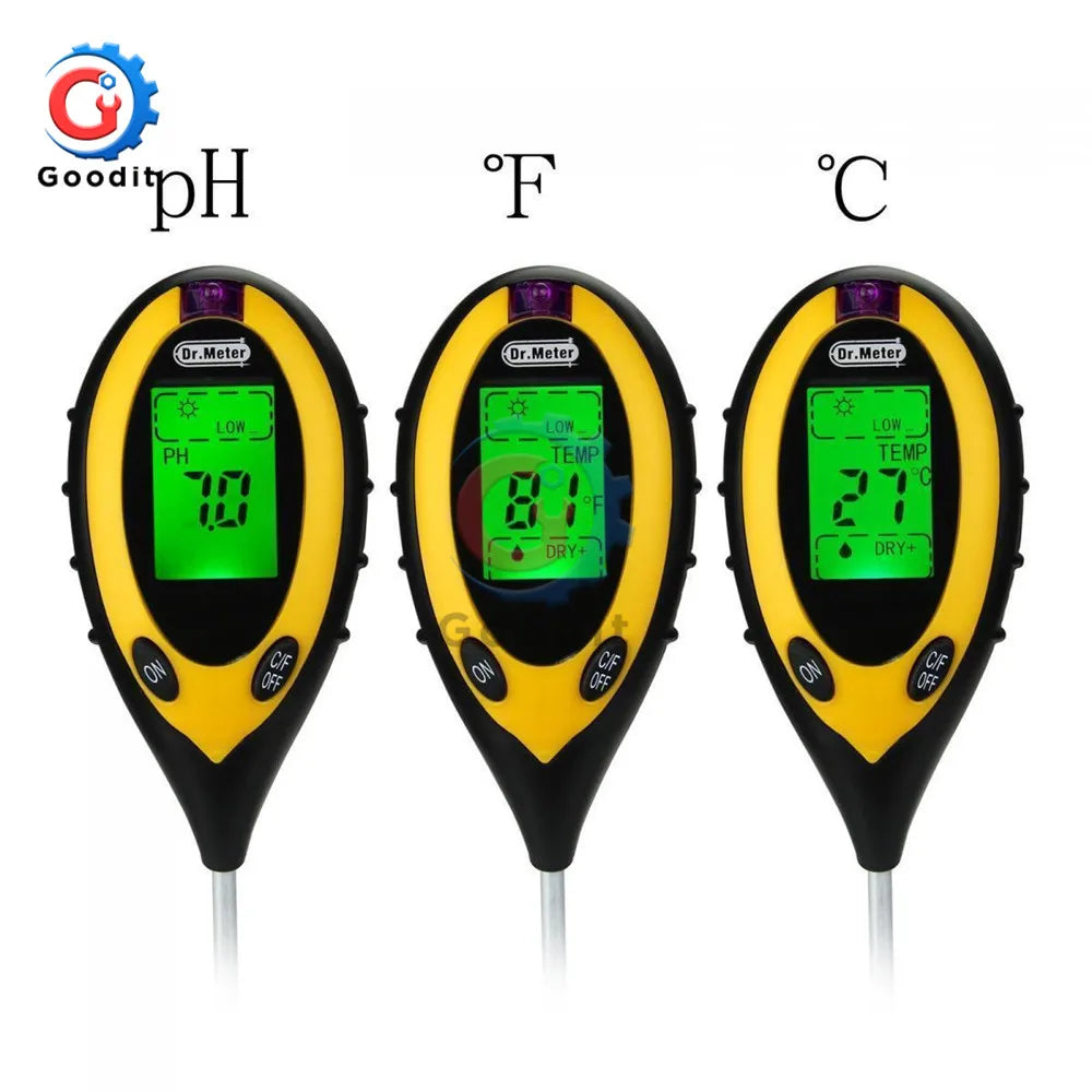 A yellow digital soil tester device showing pH, moisture, and light readings in Fahrenheit and Celsius.