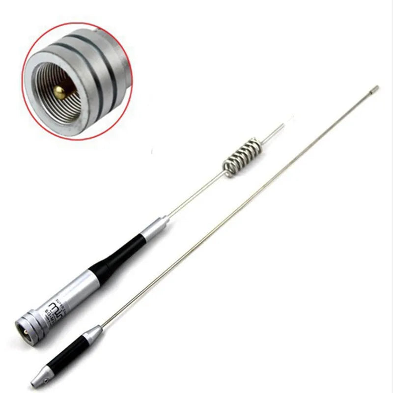 A dual band VHF/UHF mobile antenna with a threaded connector and a flexible wire.