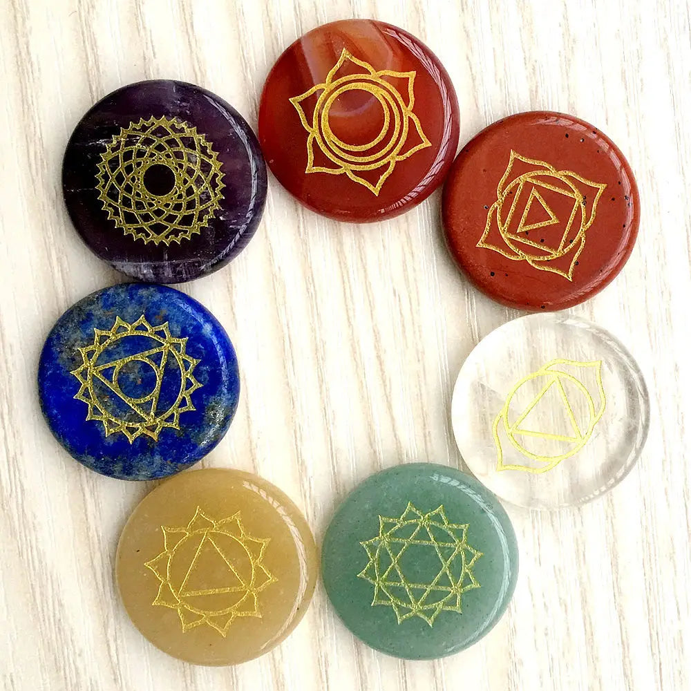 7 Chakra Healing Crystal Stones Set with Engraved Symbols