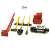 A set of 1/10 scale RC crawler decoration including a red shovel, yellow tools, and a red fire extinguisher.