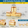 Brass BSP tee pipe fitting with male and female connections shown in various angles