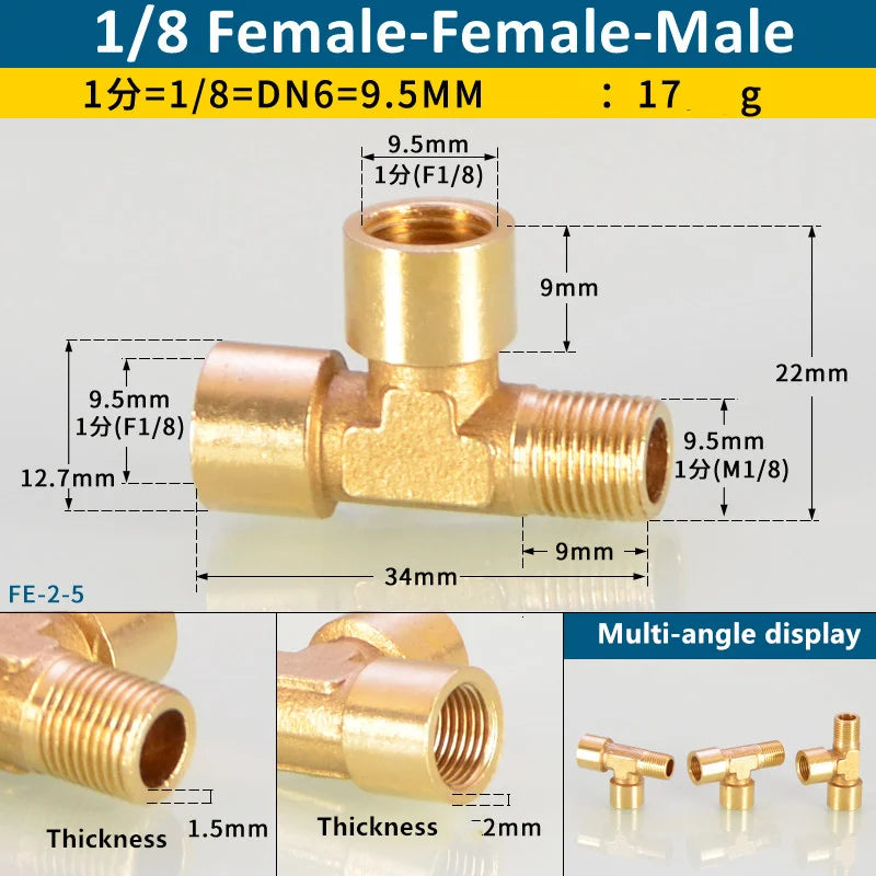 Brass BSP tee pipe fitting with male and female connections shown in various angles