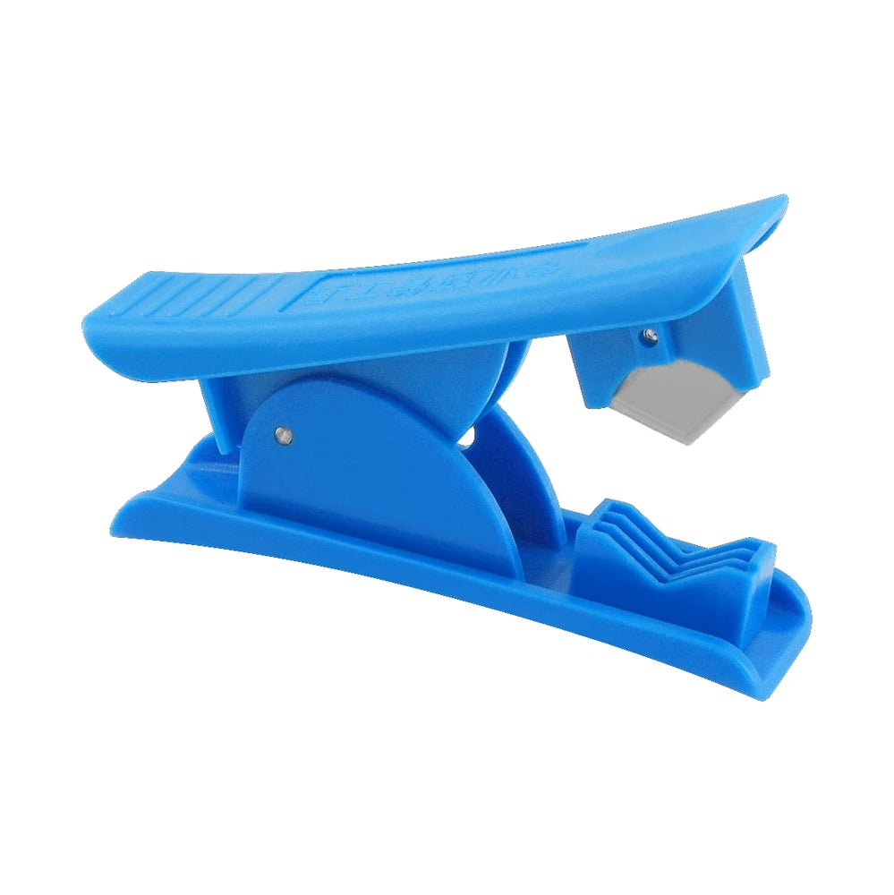 A blue compact PTFE tube cutter designed for 3D printers and tubing.