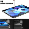 A close-up view of a 9H Diamond Shatterproof screen protector being applied to an iPad screen.