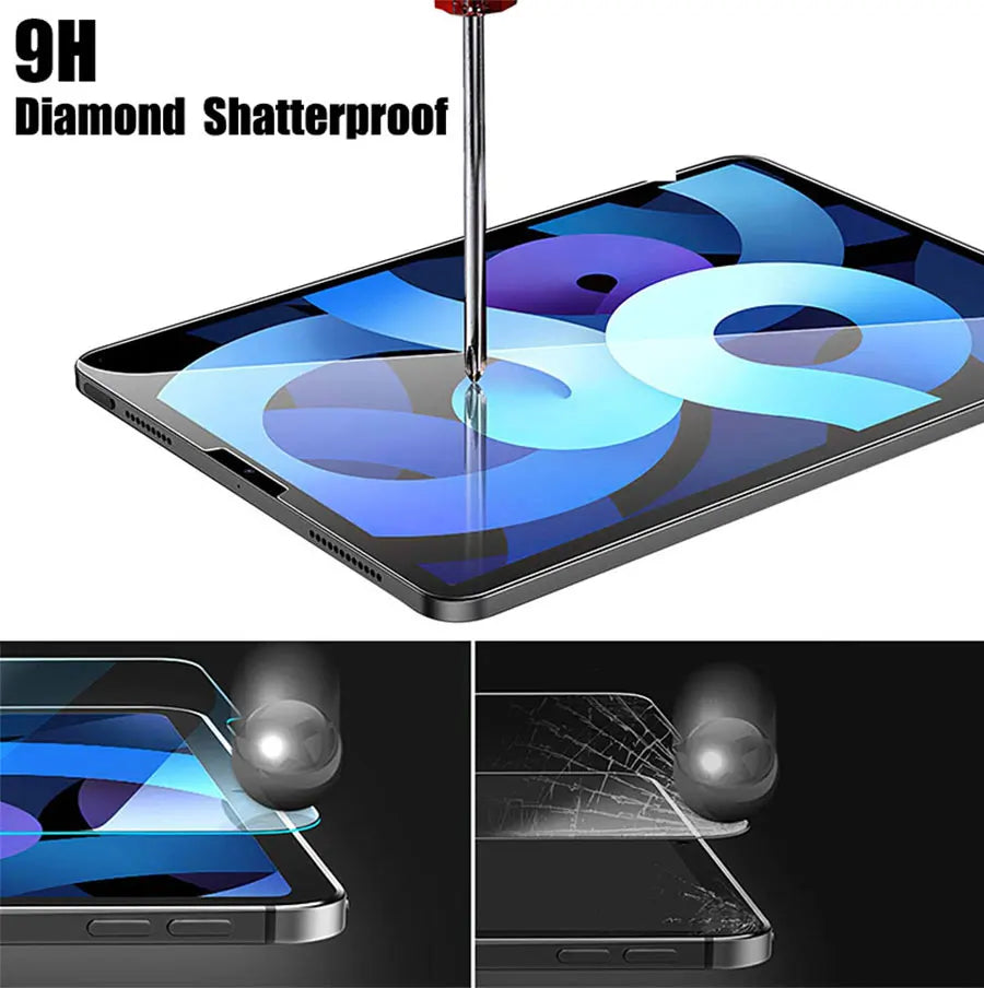 A close-up view of a 9H Diamond Shatterproof screen protector being applied to an iPad screen.