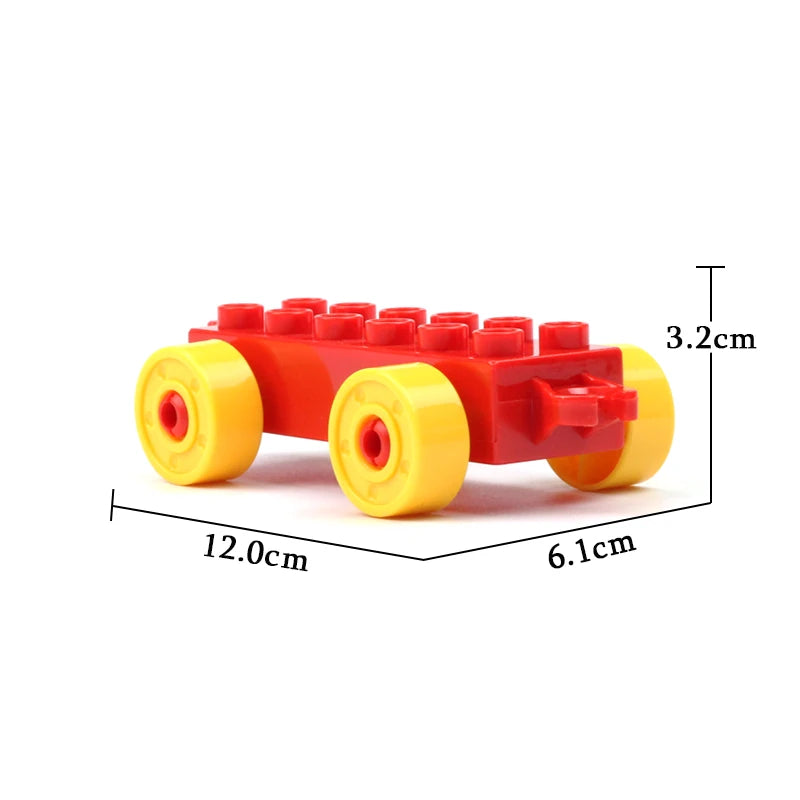 A red and yellow building block set shaped like a rescue vehicle with traffic signs.