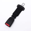 Black seat belt extender with a metal buckle and a red accent piece.