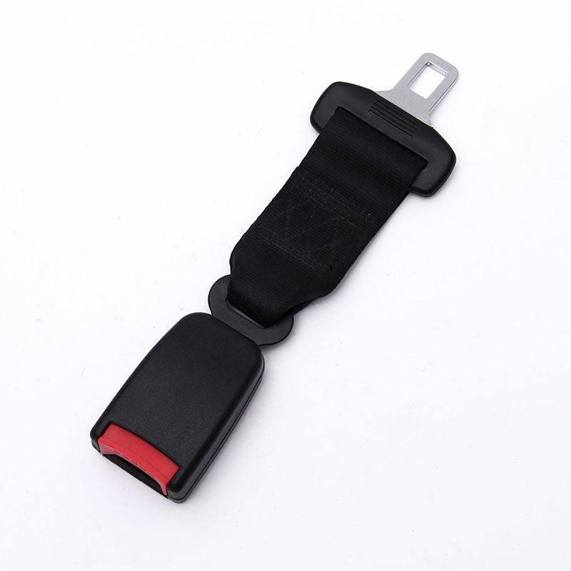 Black seat belt extender with a metal buckle and a red accent piece.