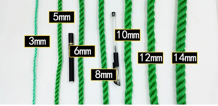 Various lengths of green heavy-duty polyethylene rope marked with measurements from 3mm to 14mm.