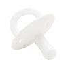 A white silicone baby pacifier soother with a ring and a nipple.