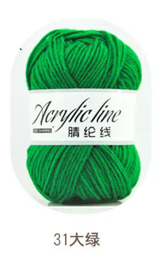 A ball of bright green acrylic line yarn labeled as 31 gauge thread.