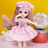 A pink fashion doll with a pink checkered dress and matching hat standing next to a pink ceramic base.