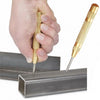 A hand holds a spring-loaded automatic center punch tool, used to mark metal surfaces.