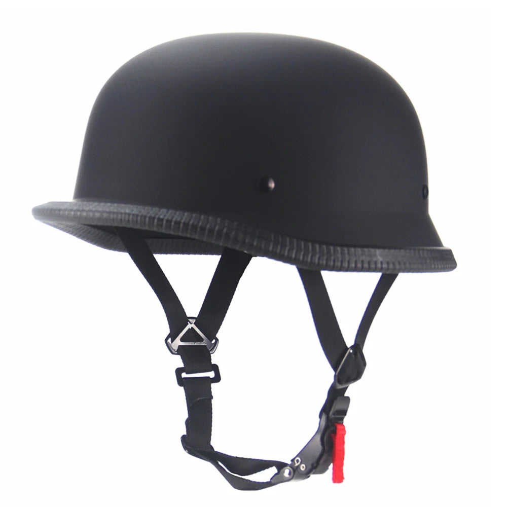 Matte black vintage German half-face motorcycle helmet with black straps