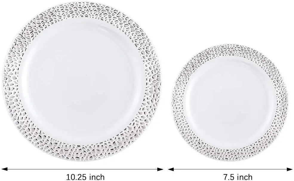Elegant White Disposable Dinner Plates with Silver Lace Design