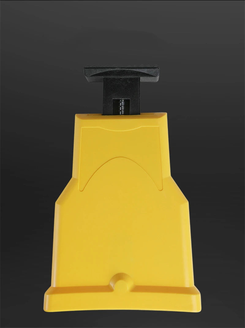 A yellow portable chainsaw sharpener with a black handle and sharpening stone.