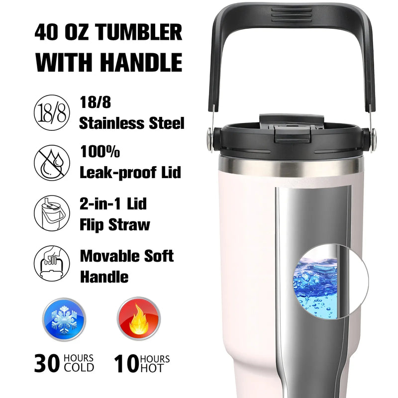 40oz Stainless Steel Tumbler with Handle and Straw
