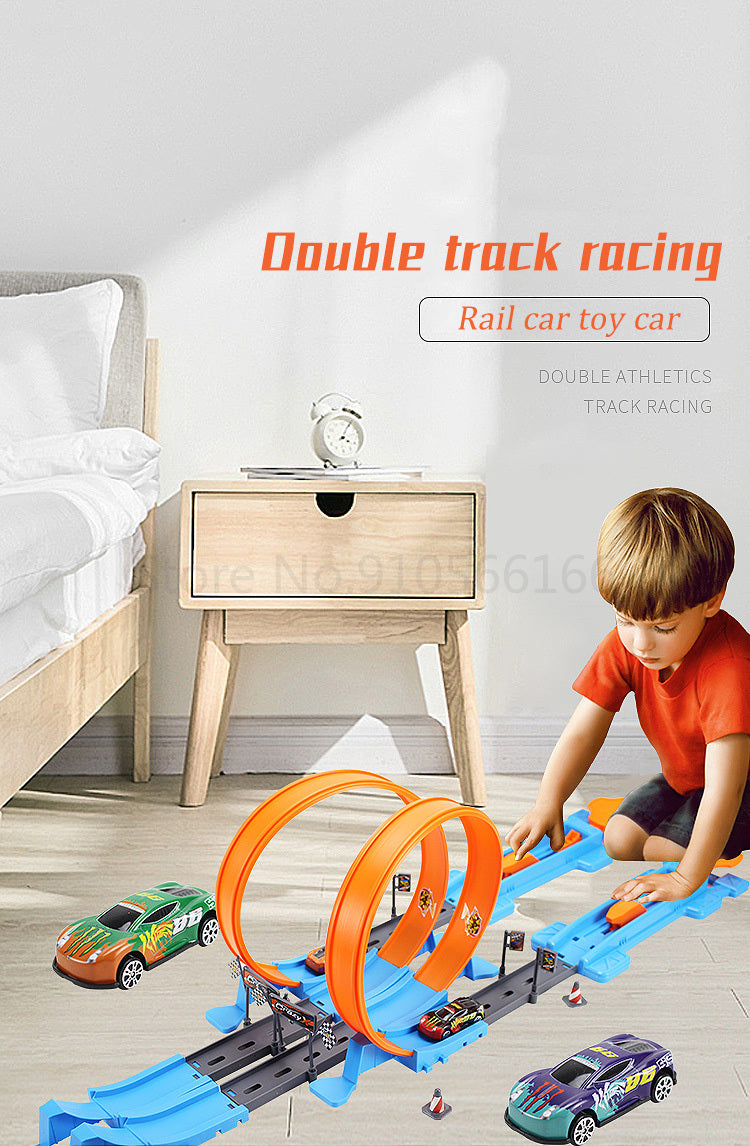 A set of double track racing toy cars on a blue track with orange loops and dual lanes.