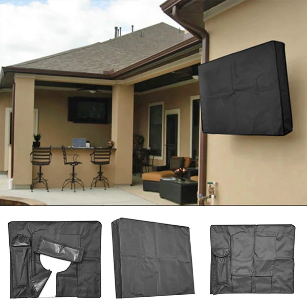 Black weatherproof outdoor TV cover designed for dust protection, shown in various forms.