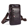 A dark brown vintage leather multi-pocket waist bag with a strap is shown against a white background.