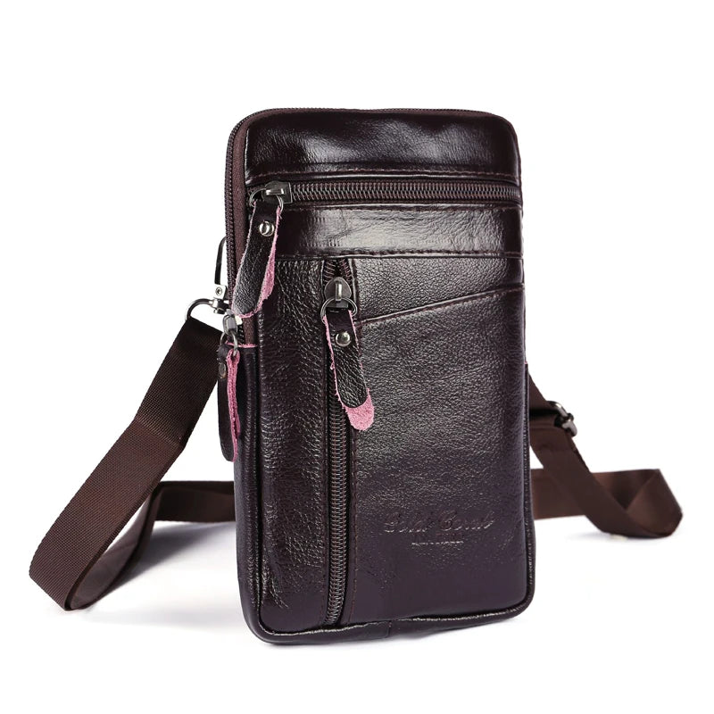 A dark brown vintage leather multi-pocket waist bag with a strap is shown against a white background.