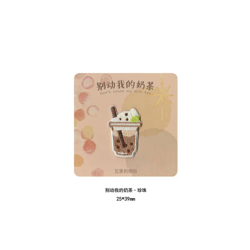 An embroidered iron-on patch featuring a stylized iced drink design with text in Chinese and English.