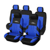 Black and blue universal car seat covers for two-row vehicles, shown with headrests.