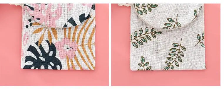 Two views of a white fabric cosmetic storage pouch with floral and leaf print patterns on a pink background.
