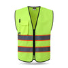 A bright lime green high-visibility reflective safety vest with black trim and horizontal orange stripes.