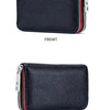 A black genuine leather card holder with a zipper and RFID protection shown from the front and back.