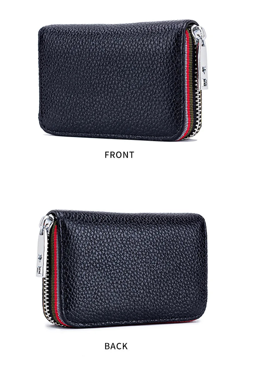 A black genuine leather card holder with a zipper and RFID protection shown from the front and back.