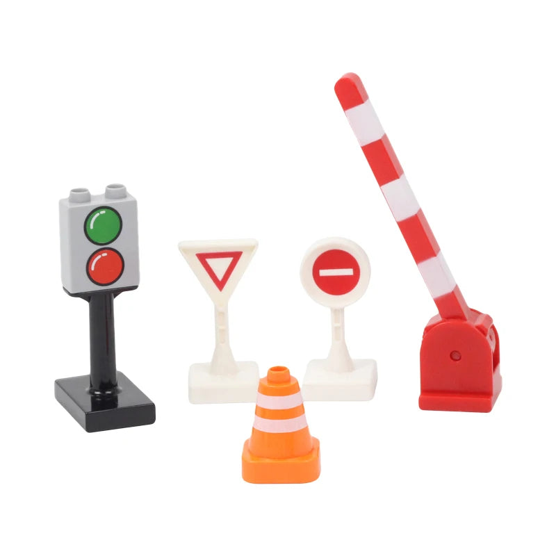 A set of city rescue vehicle building blocks featuring traffic signs including a red light, a triangle sign, and a stop sign.