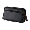 Black men's multi-function PU leather waist bag with a zipper and leather strap.