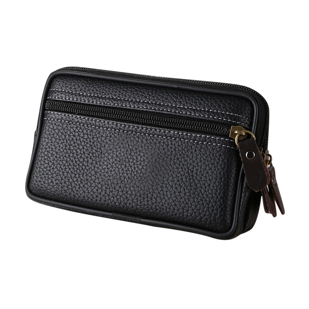 Black men's multi-function PU leather waist bag with a zipper and leather strap.