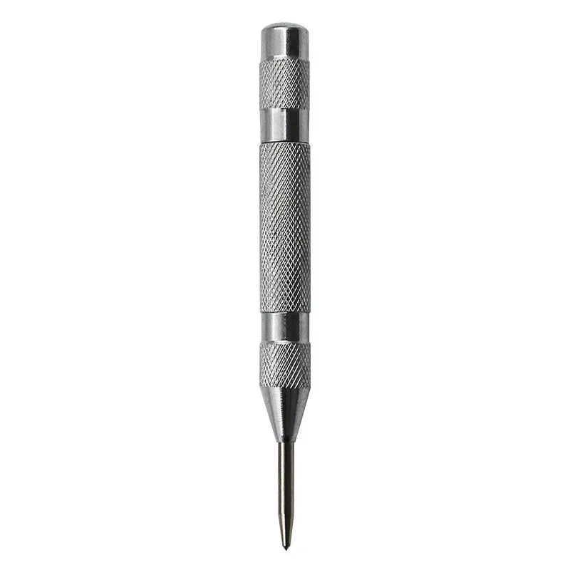 A silver spring-loaded automatic center punch tool with a sharp point.