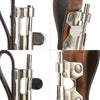Close-up view of a genuine leather tool holster hook with a steel J-hook and metal clasp.