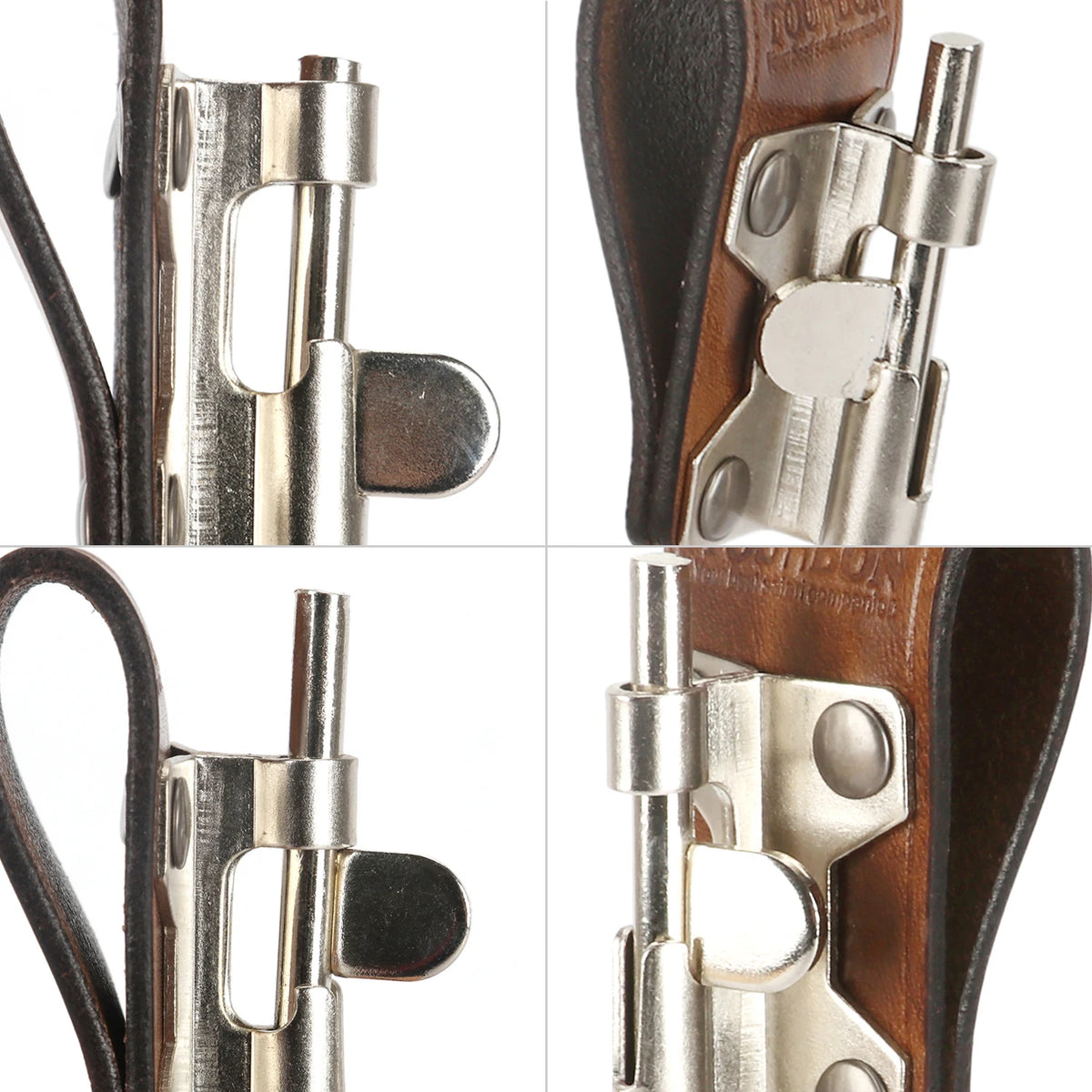 Close-up view of a genuine leather tool holster hook with a steel J-hook and metal clasp.