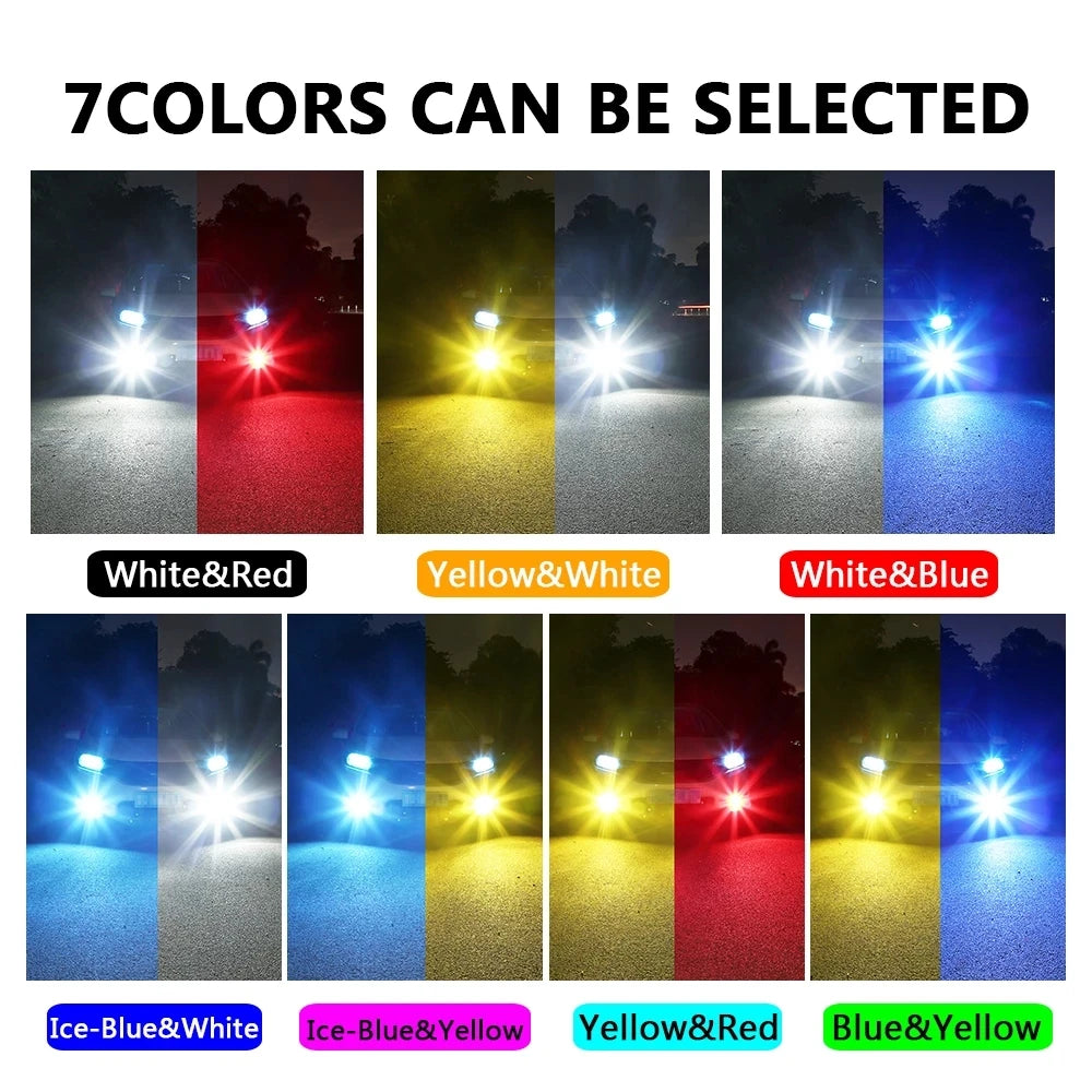 Seven color options for super bright LED fog light bulbs shown in various combinations like White&Red, Yellow&White, and Whit