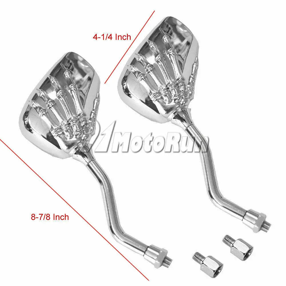 A set of two chrome motorcycle side mirrors with 4-1/4 inch and 8-7/8 inch connections.