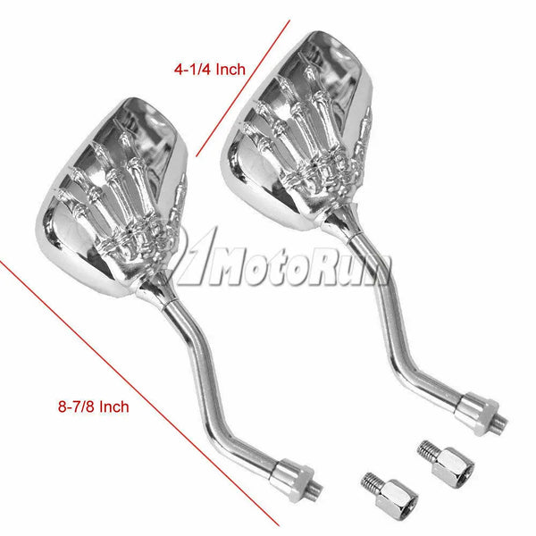 A set of two chrome motorcycle side mirrors with 4-1/4 inch and 8-7/8 inch connections.