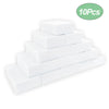 A stack of ten white melamine cleaning sponges arranged in a pyramid shape.