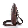 A dark brown vintage leather multi-pocket waist bag with a flap and adjustable strap.