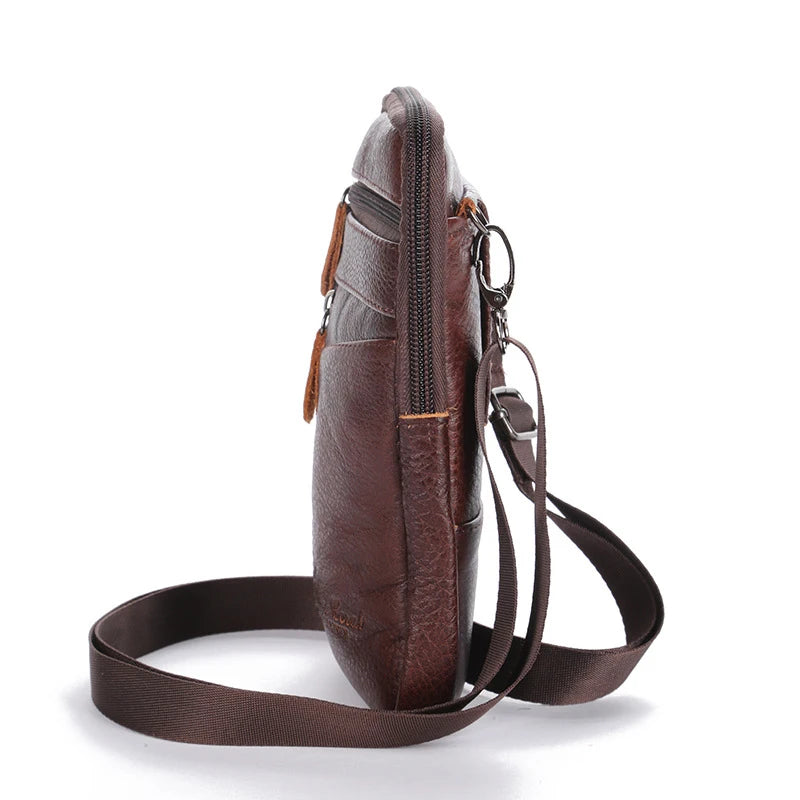A dark brown vintage leather multi-pocket waist bag with a flap and adjustable strap.