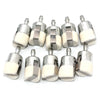A set of replacement fuel filters for outdoor power equipment, featuring silver metal bodies and white plastic tips.