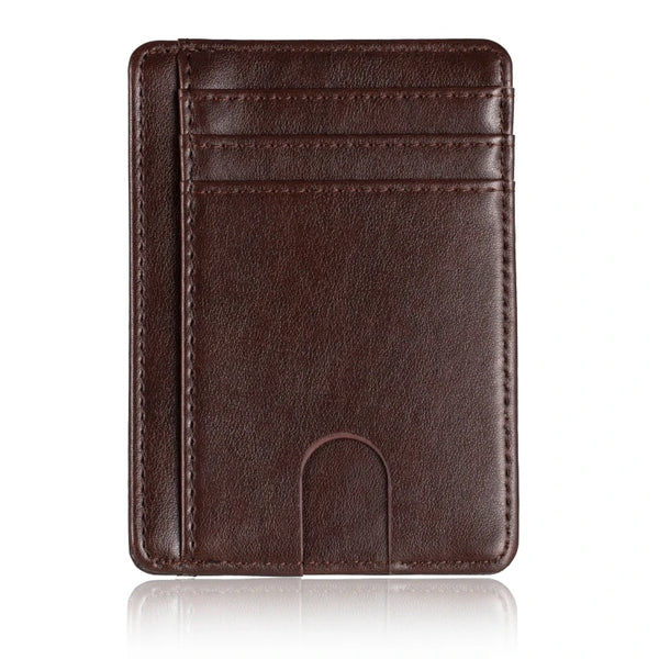 Cartera con cremallera delgada y bloqueadora de RFID de color marrón oscuro, vista frontal.